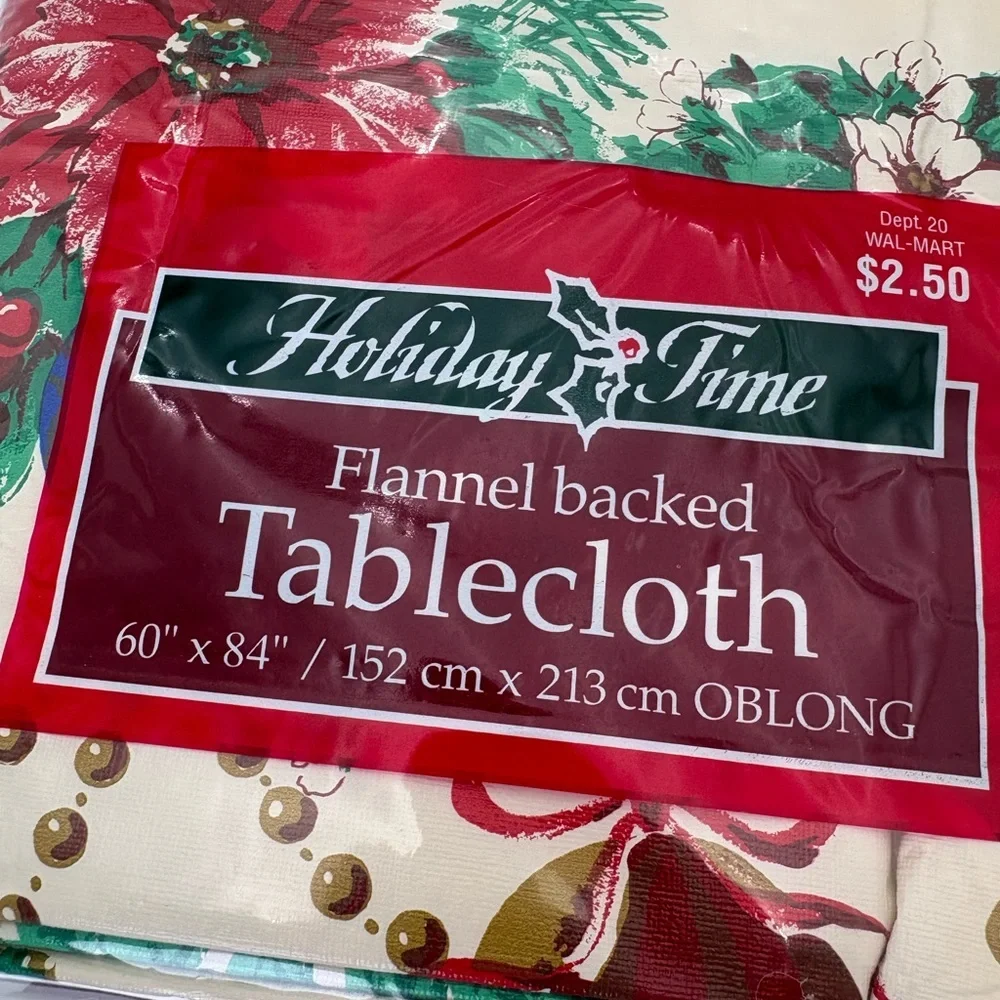 New Old Stock Vintage Holiday Time Poinsettia and Holly Flannel-Back Tablecloth